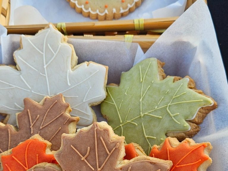 biscuits pour mariage Biscuits en forme de vêtements de bébé, décorés de glaçage bleu et de motifs à carreaux.